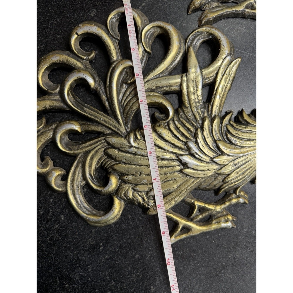 Vintage Japan Cast Metal Rooster Wall Plaques Pair Gold Tone 14" Hollywood Reg - Picture 8 of 8